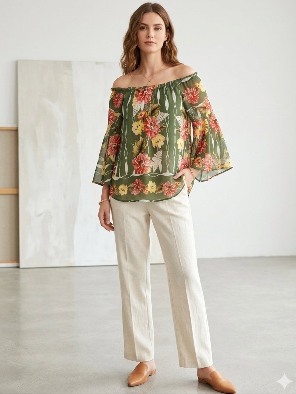 OLIVE HILL Floral Off-Shoulder Tunic Top in Olive Green Size S